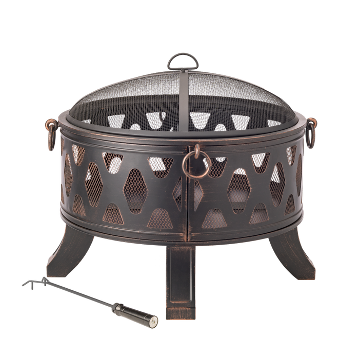 Decorative Steel Wood Burning Fire Pit with Poker and Spark Arrester